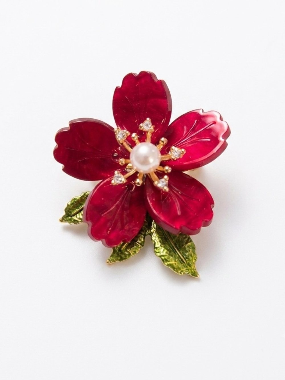 Red Floral Pearl Center Brooch - Women Jewelry
